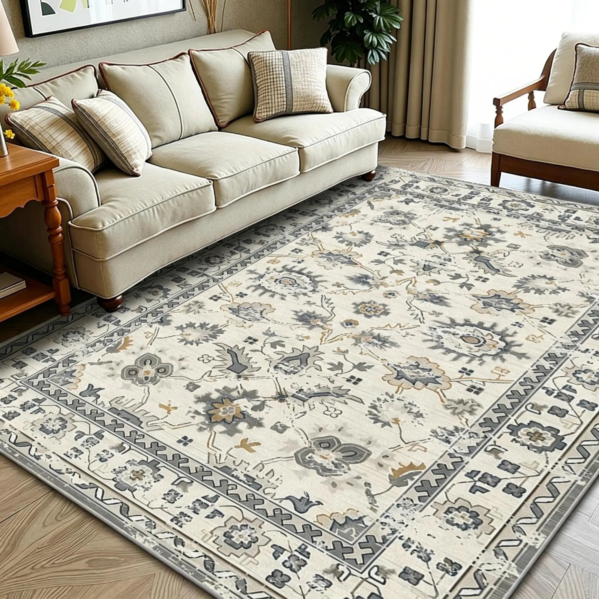 5' X 7' Gold And Gray Floral Washable Area Rug Homeroots Home Decor
