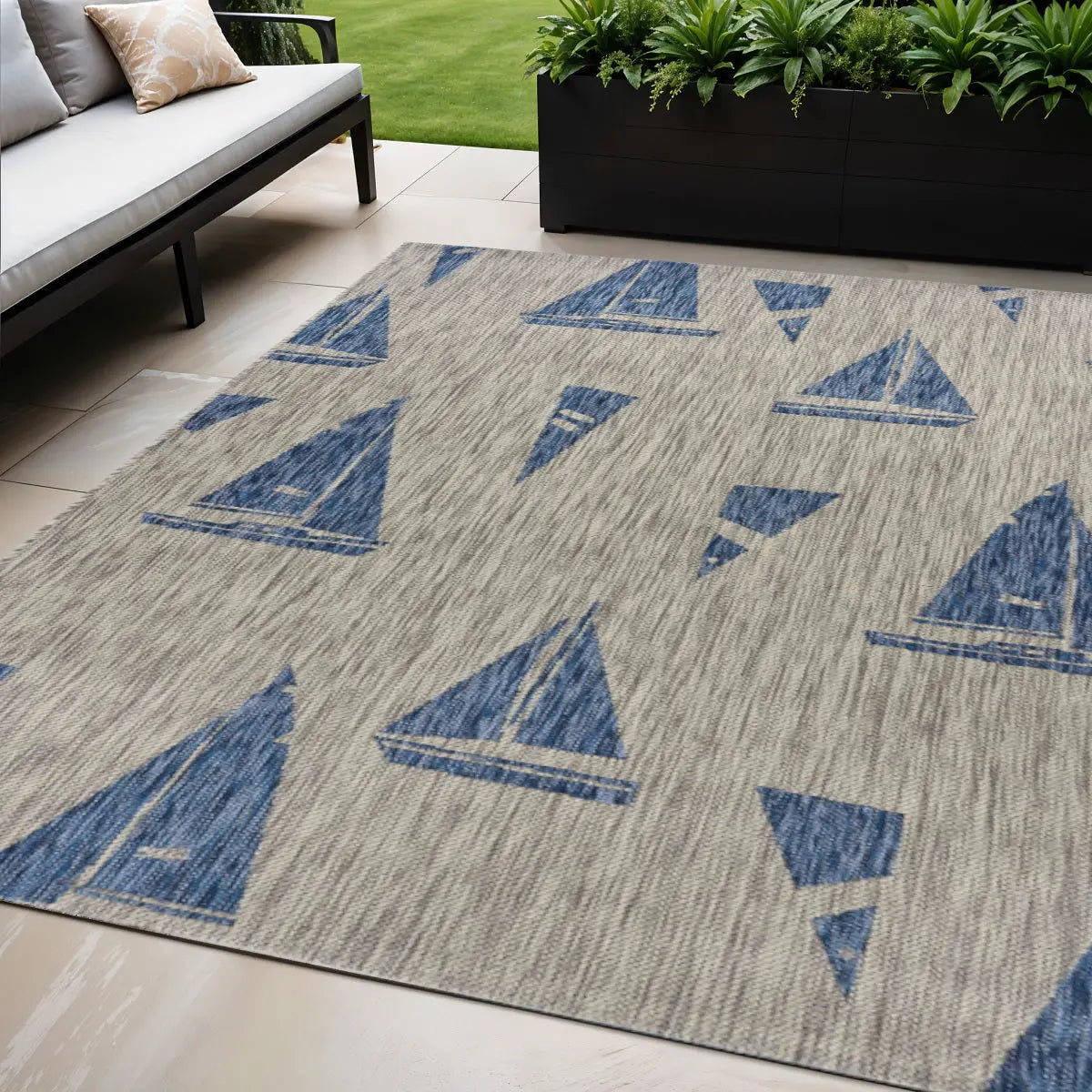 5' X 7' Gray And Blue Sailboat Indoor Outdoor Area Rug Homeroots Outdoor