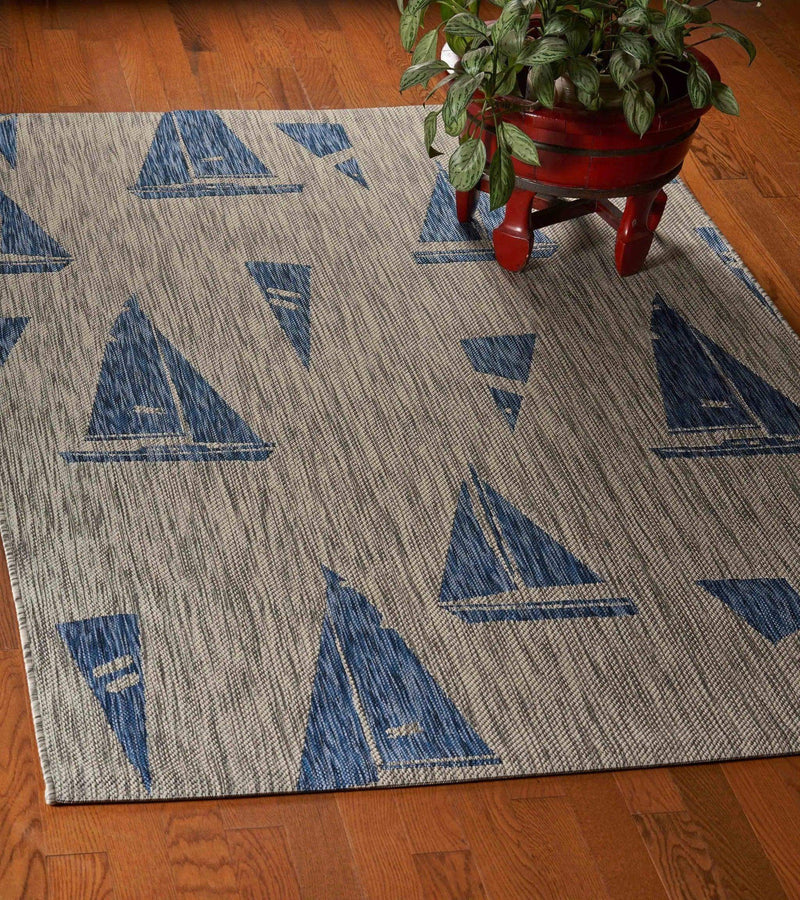 5' X 7' Gray And Blue Sailboat Indoor Outdoor Area Rug Homeroots Outdoor