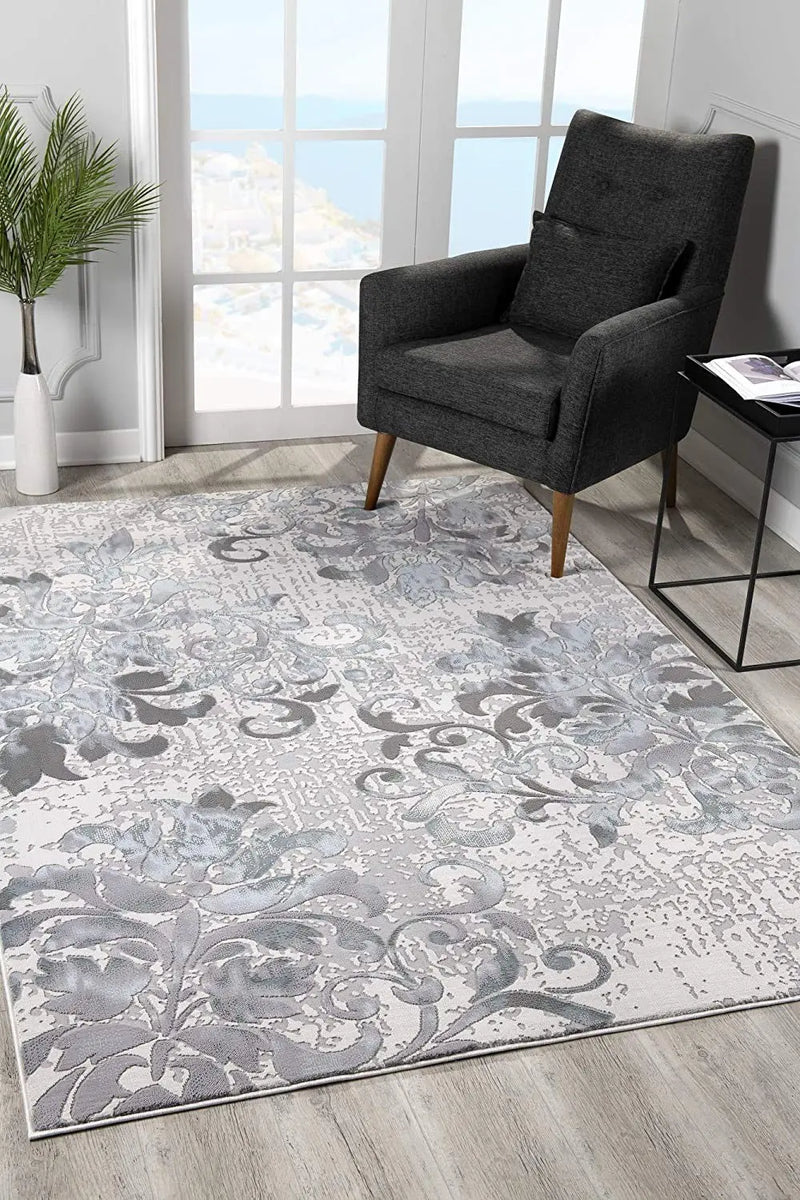 5' X 7' Gray And Ivory Damask Shag Area Rug Homeroots Home Decor