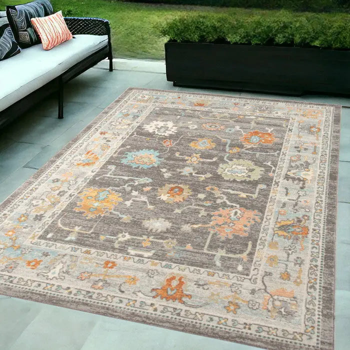 5' X 7' Gray and Orange Floral Stain Resistant Indoor Outdoor Area Rug Homeroots Outdoor