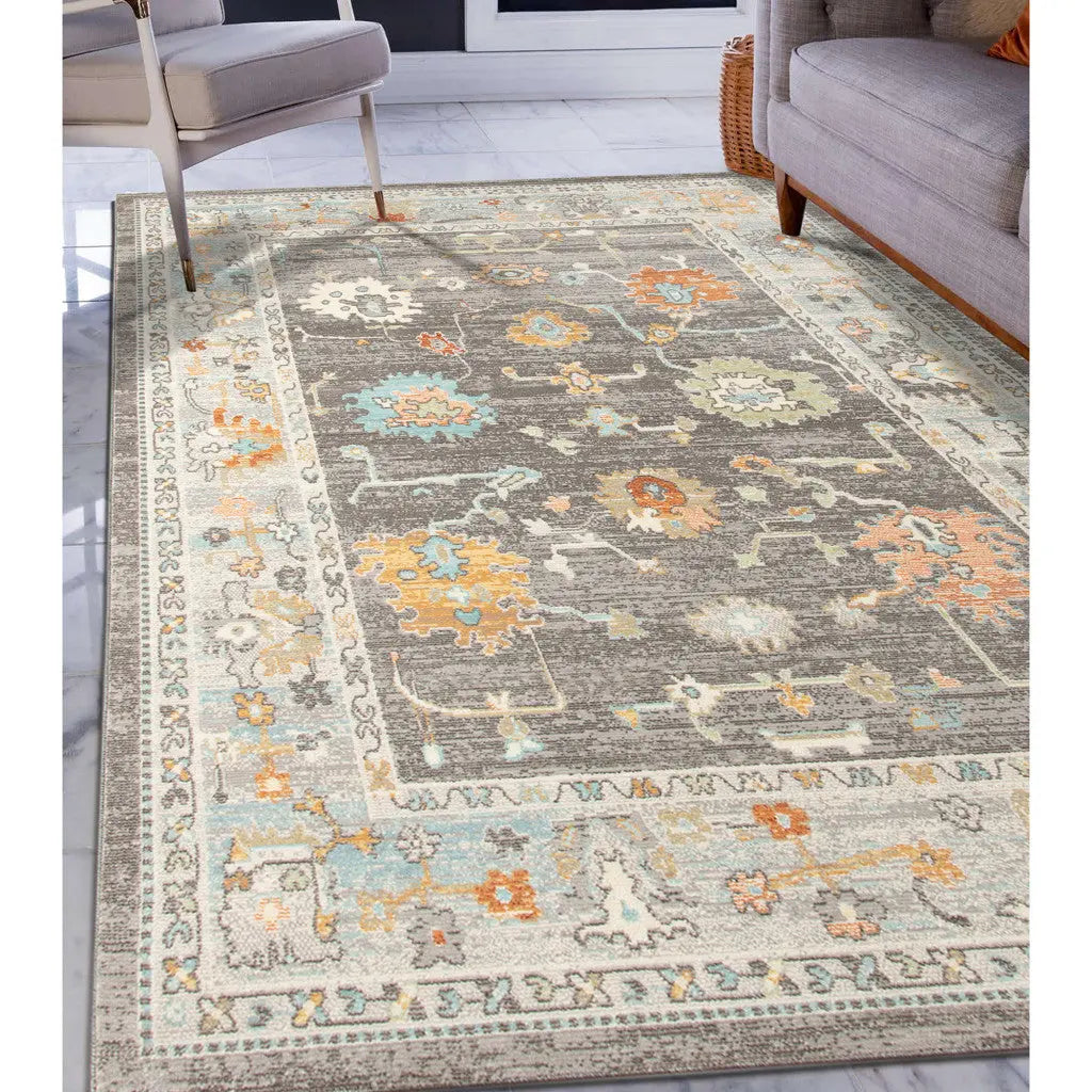 5' X 7' Gray and Orange Floral Stain Resistant Indoor Outdoor Area Rug Homeroots Outdoor