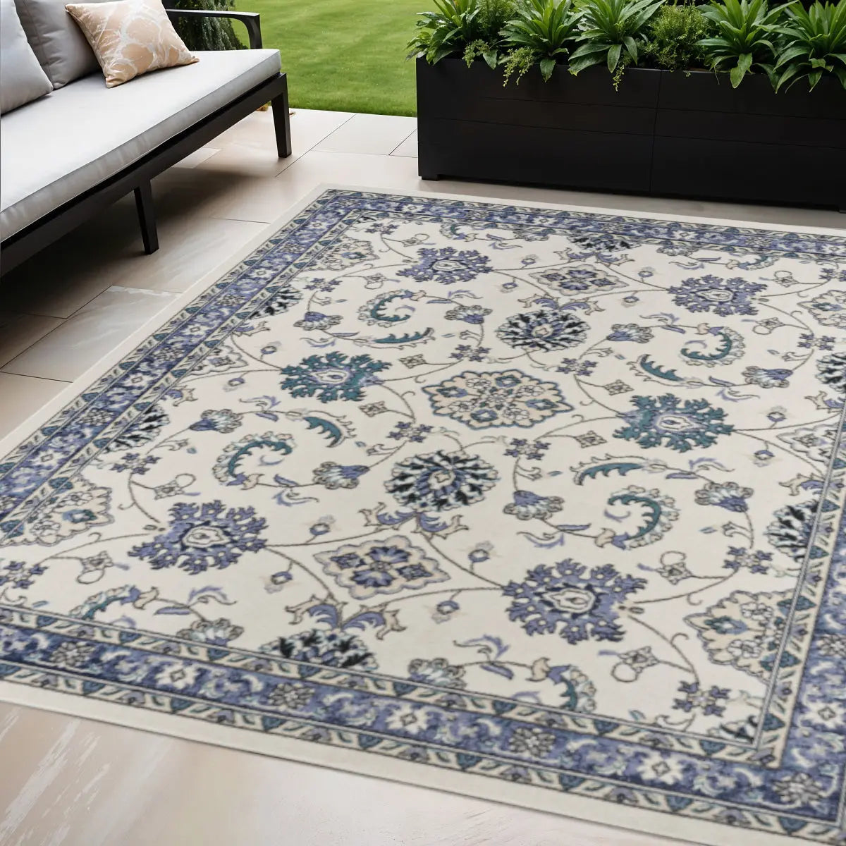 5' X 7' Ivory And Blue Floral Indoor Outdoor Area Rug Homeroots Outdoor