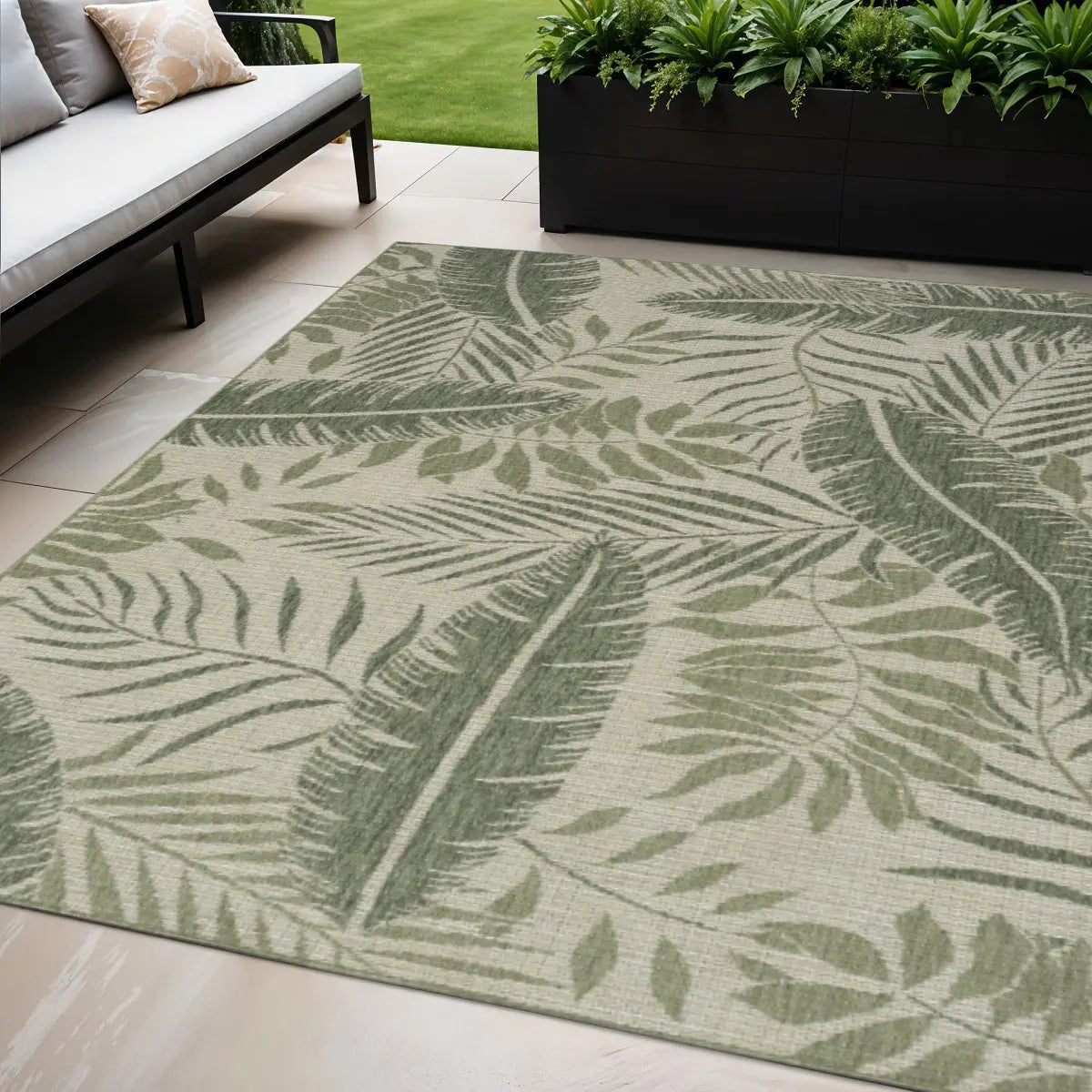 5' X 7' Ivory And Green Palm Leaf Indoor Outdoor Area Rug Homeroots Outdoor