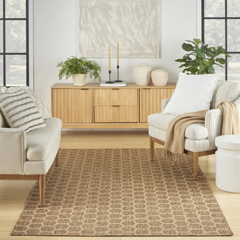 5' X 7' Natural And Beige Geometric Indoor Outdoor Area Rug Homeroots Outdoor
