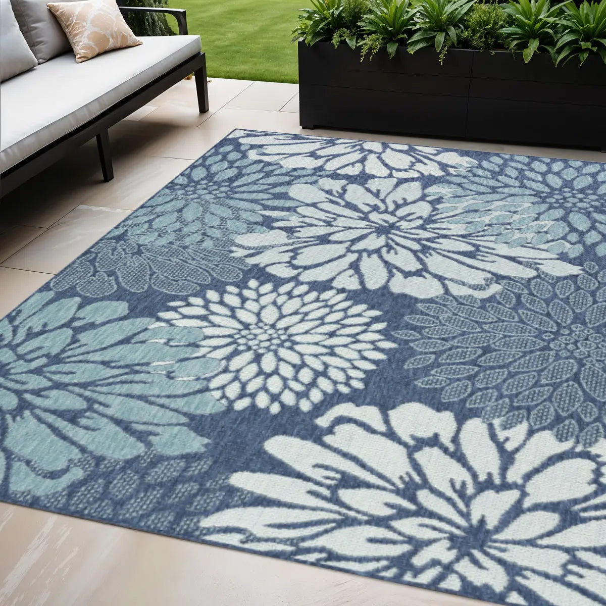 5' X 7' Navy Blue Floral Indoor Outdoor Area Rug Homeroots Outdoor