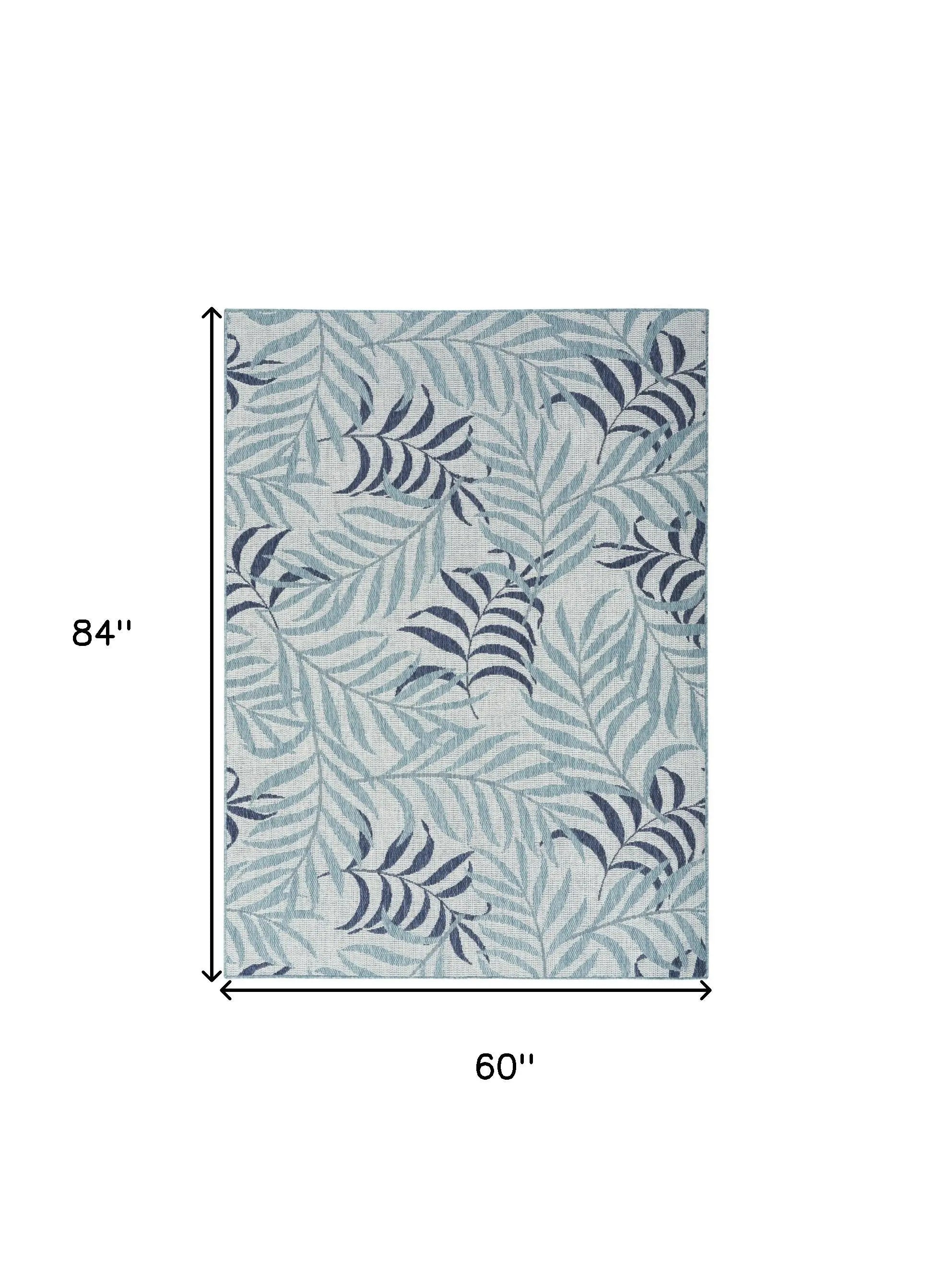 5' X 7' Navy Blue Ivory And Blue Palm Leaf Indoor Outdoor Area Rug Homeroots Outdoor