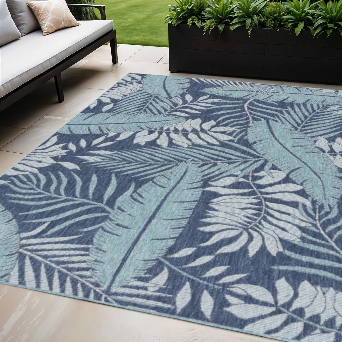 5' X 7' Navy Blue Sky Blue And Ivory Palm Leaf Indoor Outdoor Area Rug Homeroots Outdoor