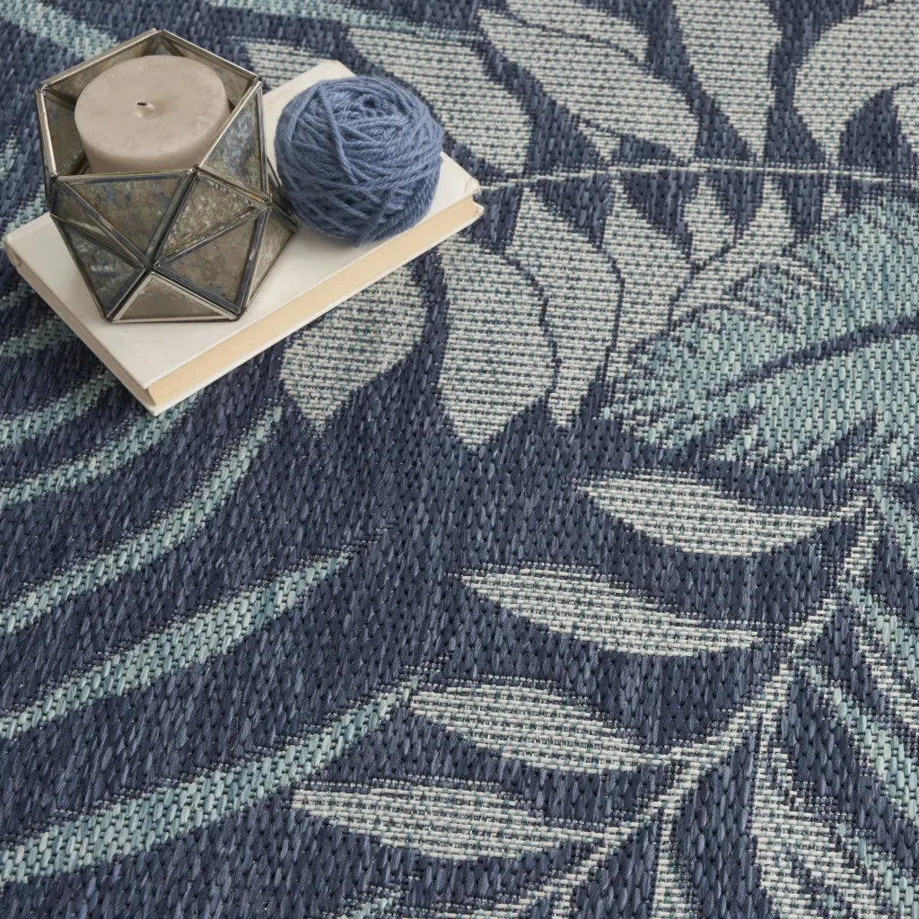 5' X 7' Navy Blue Sky Blue And Ivory Palm Leaf Indoor Outdoor Area Rug Homeroots Outdoor