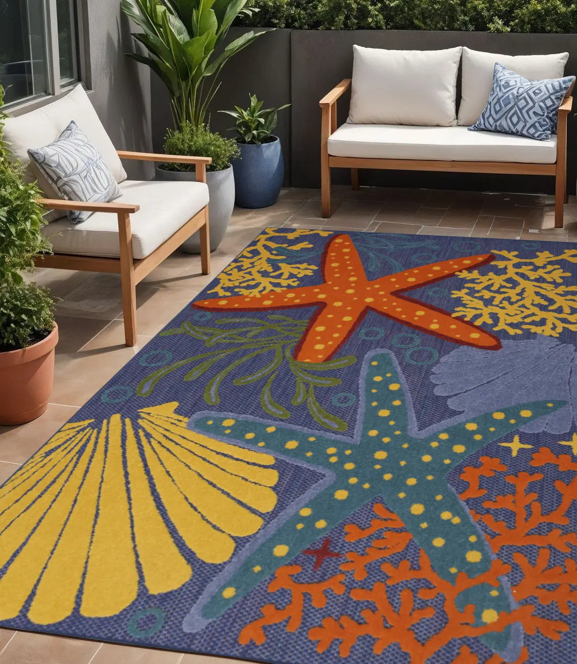 5' X 7' Orange Green and Blue Indoor Outdoor Area Rug Homeroots Outdoor