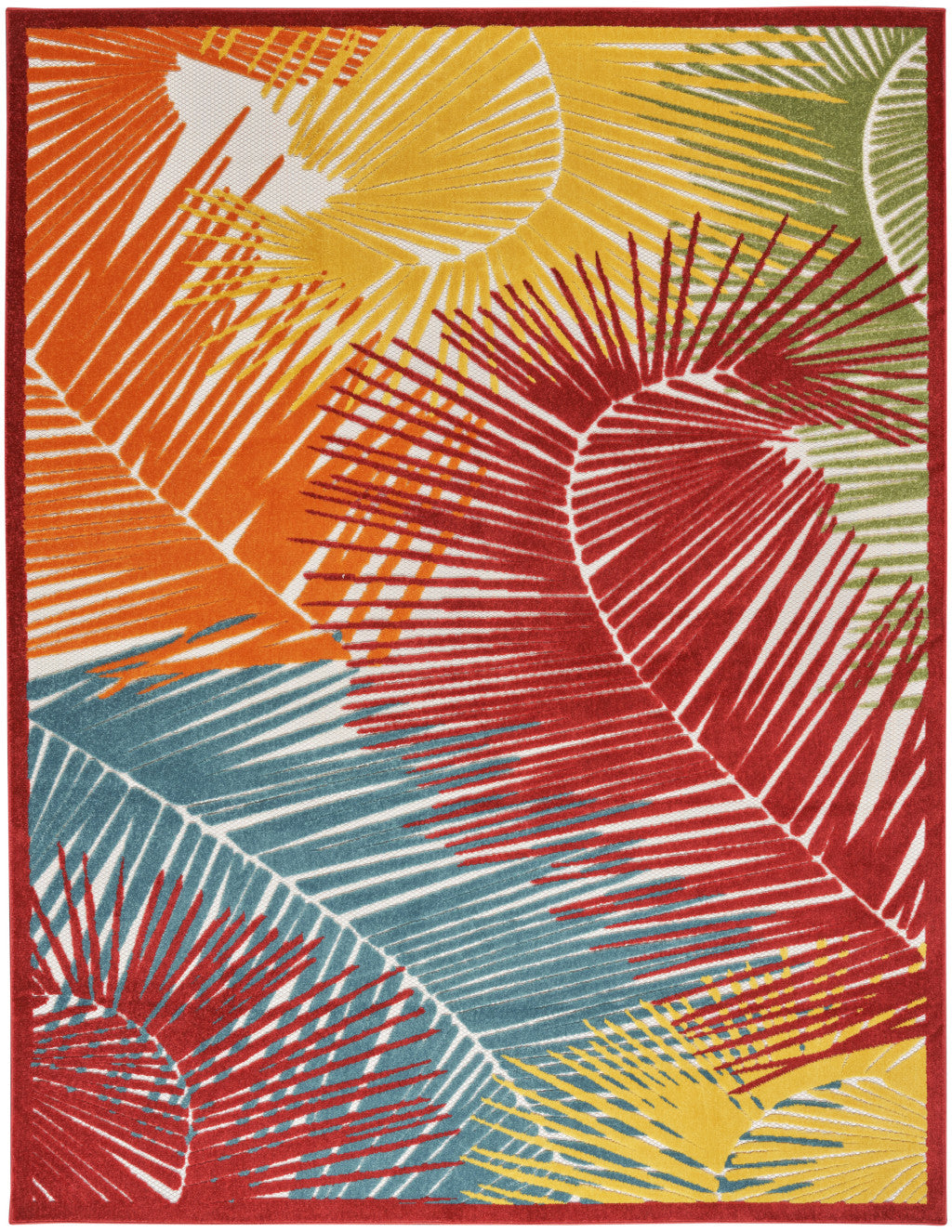5' X 7' Orange Yellow Red Blue And Green Palm Leaf Indoor Outdoor Area Rug - GreatEagleInc