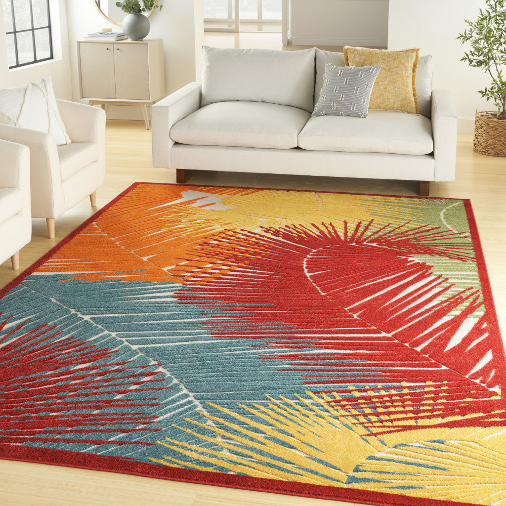 5' X 7' Orange Yellow Red Blue And Green Palm Leaf Indoor Outdoor Area Rug - GreatEagleInc