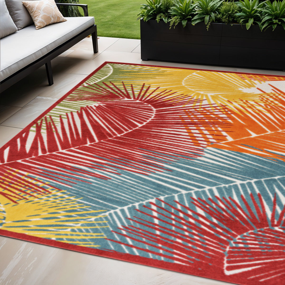5' X 7' Orange Yellow Red Blue And Green Palm Leaf Indoor Outdoor Area Rug - GreatEagleInc