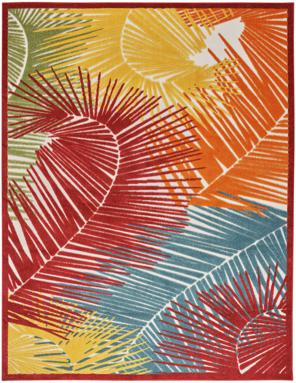 5' X 7' Orange Yellow Red Blue And Green Palm Leaf Indoor Outdoor Area Rug - GreatEagleInc