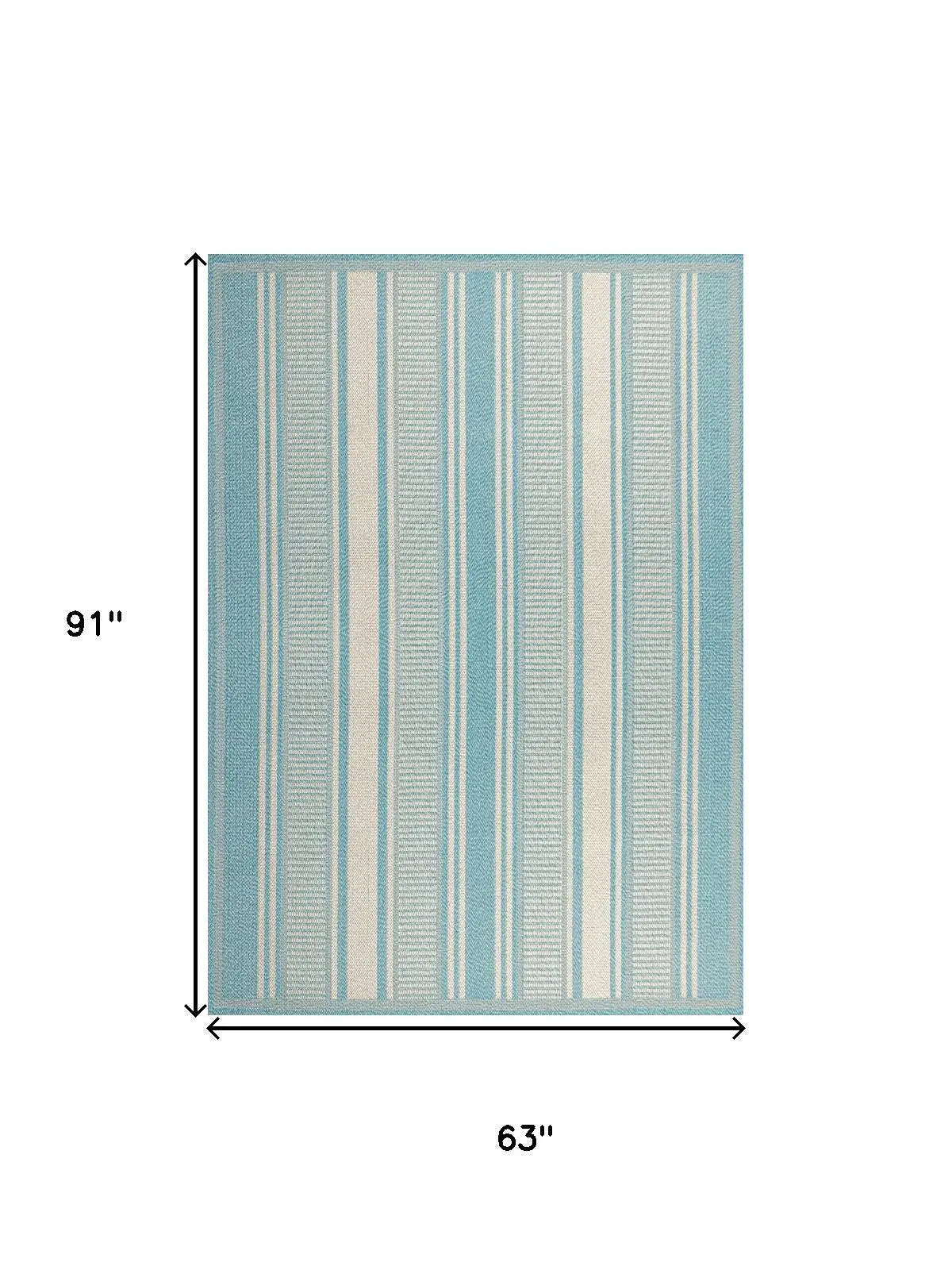 5' X 8' Aqua And Beige Striped Indoor Outdoor Area Rug Homeroots Outdoor