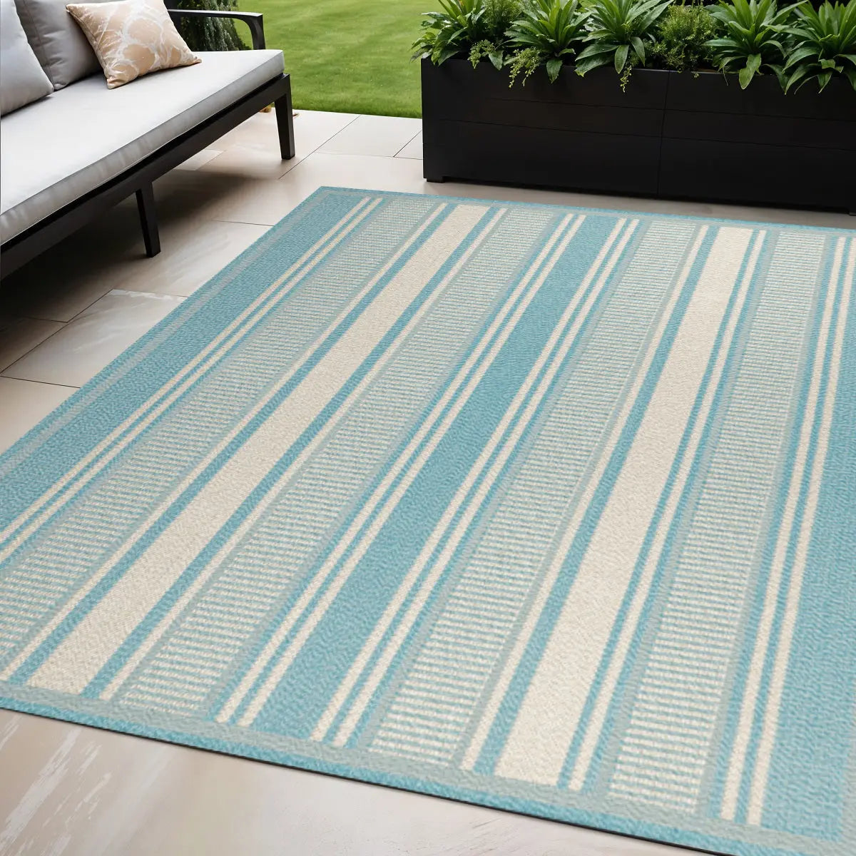 5' X 8' Aqua And Beige Striped Indoor Outdoor Area Rug Homeroots Outdoor