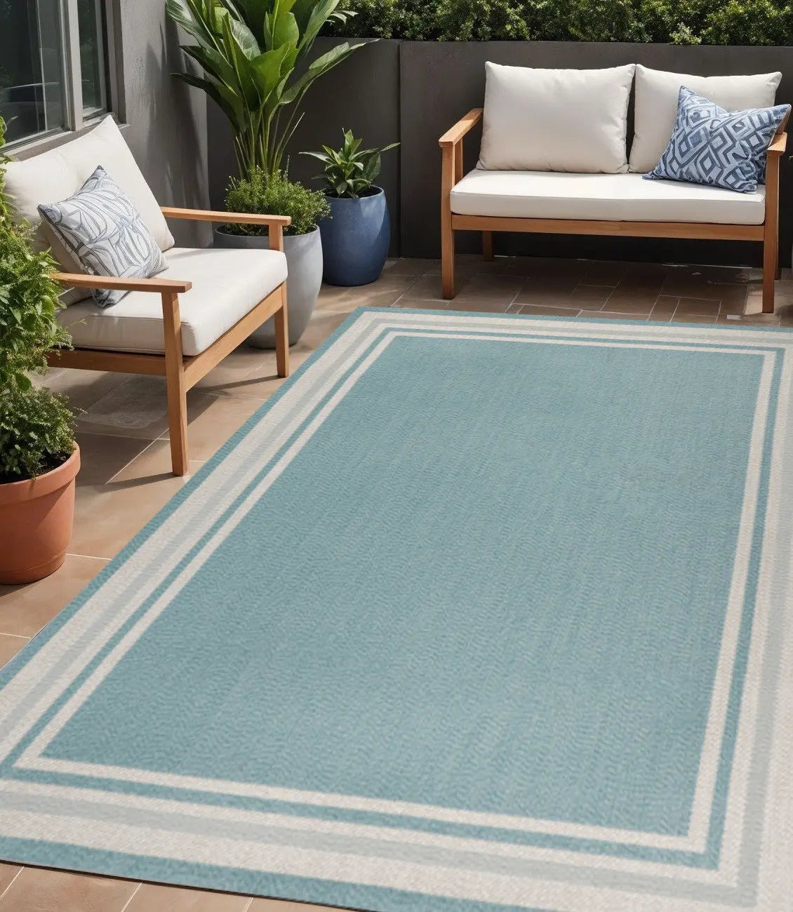 5' X 8' Aqua And Beige Striped Indoor Outdoor Area Rug Homeroots Outdoor