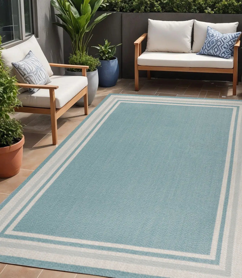 5' X 8' Aqua And Beige Striped Indoor Outdoor Area Rug Homeroots Outdoor