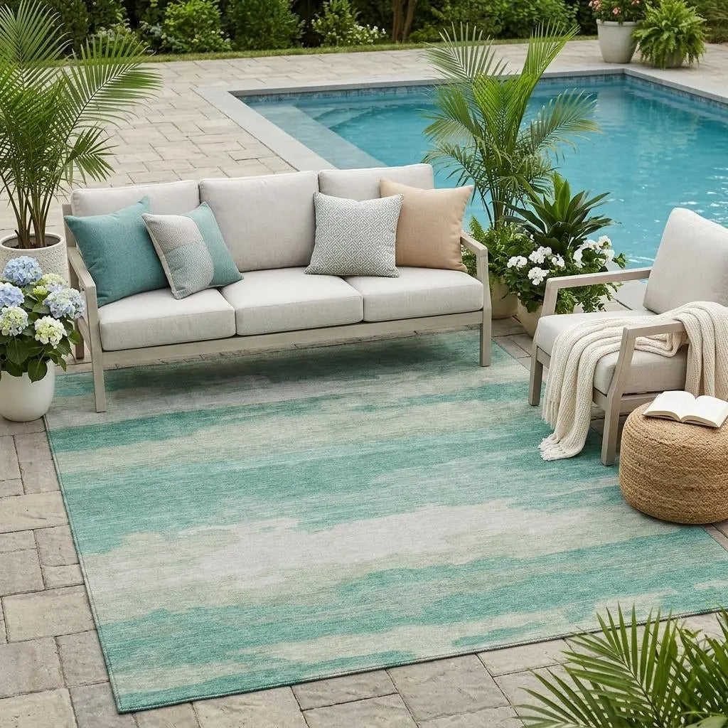 5' X 8' Aqua And Teal Blue Abstract Washable Indoor Outdoor Area Rug Homeroots Outdoor