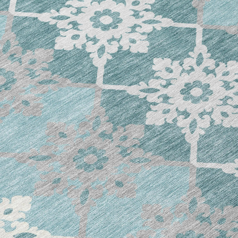5' X 8' Aqua And Teal Blue Floral Medallion Washable Indoor Outdoor Area Rug Homeroots Outdoor