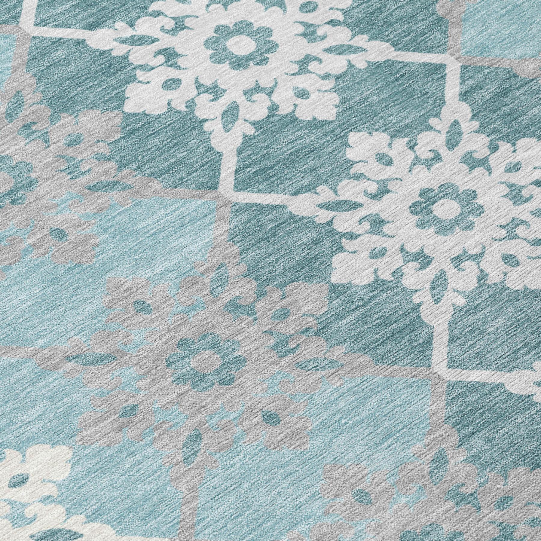 5' X 8' Aqua And Teal Blue Floral Medallion Washable Indoor Outdoor Area Rug Homeroots Outdoor