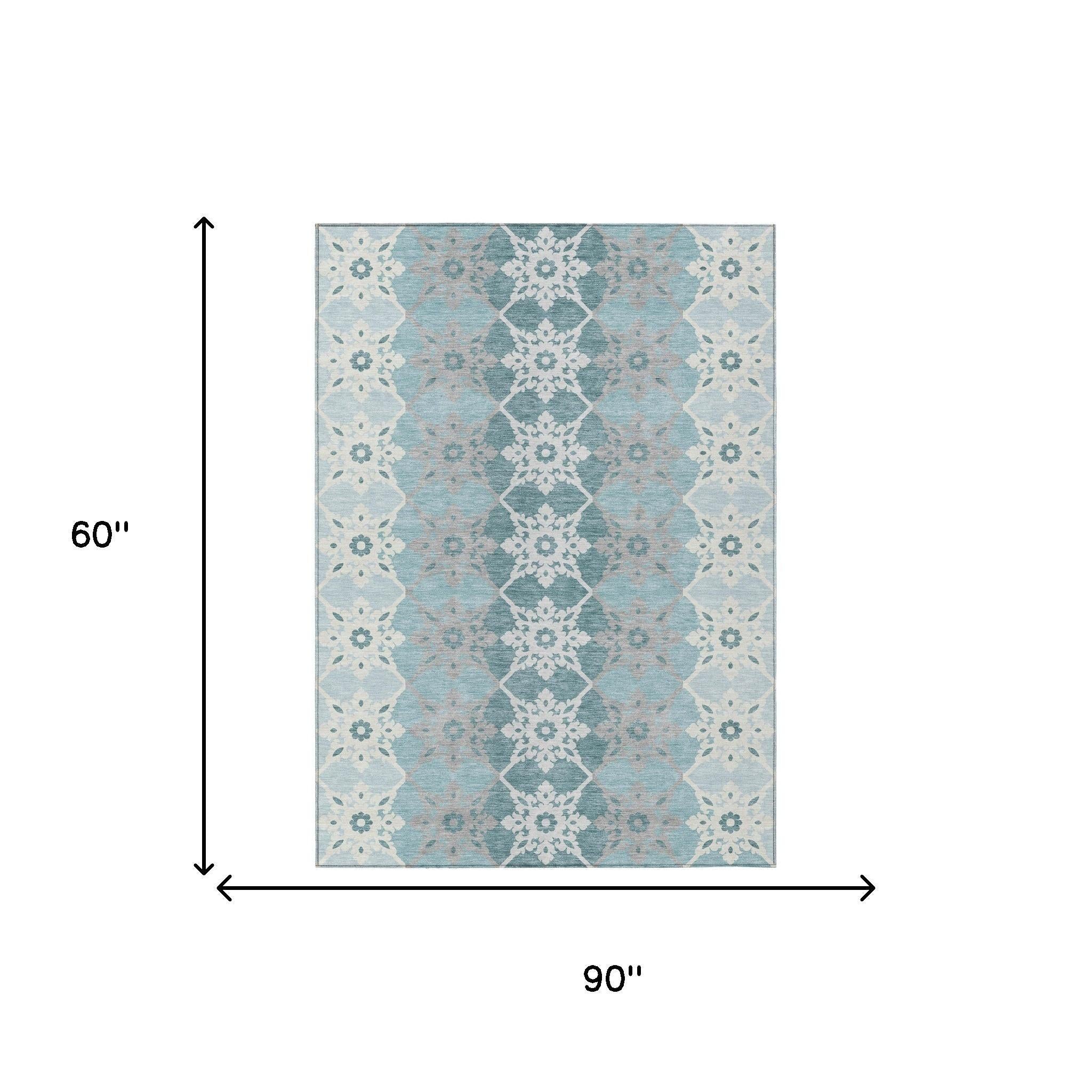 5' X 8' Aqua And Teal Blue Floral Medallion Washable Indoor Outdoor Area Rug Homeroots Outdoor