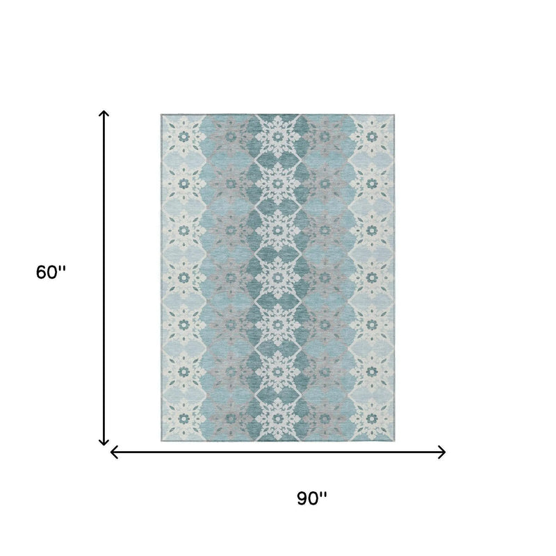 5' X 8' Aqua And Teal Blue Floral Medallion Washable Indoor Outdoor Area Rug Homeroots Outdoor