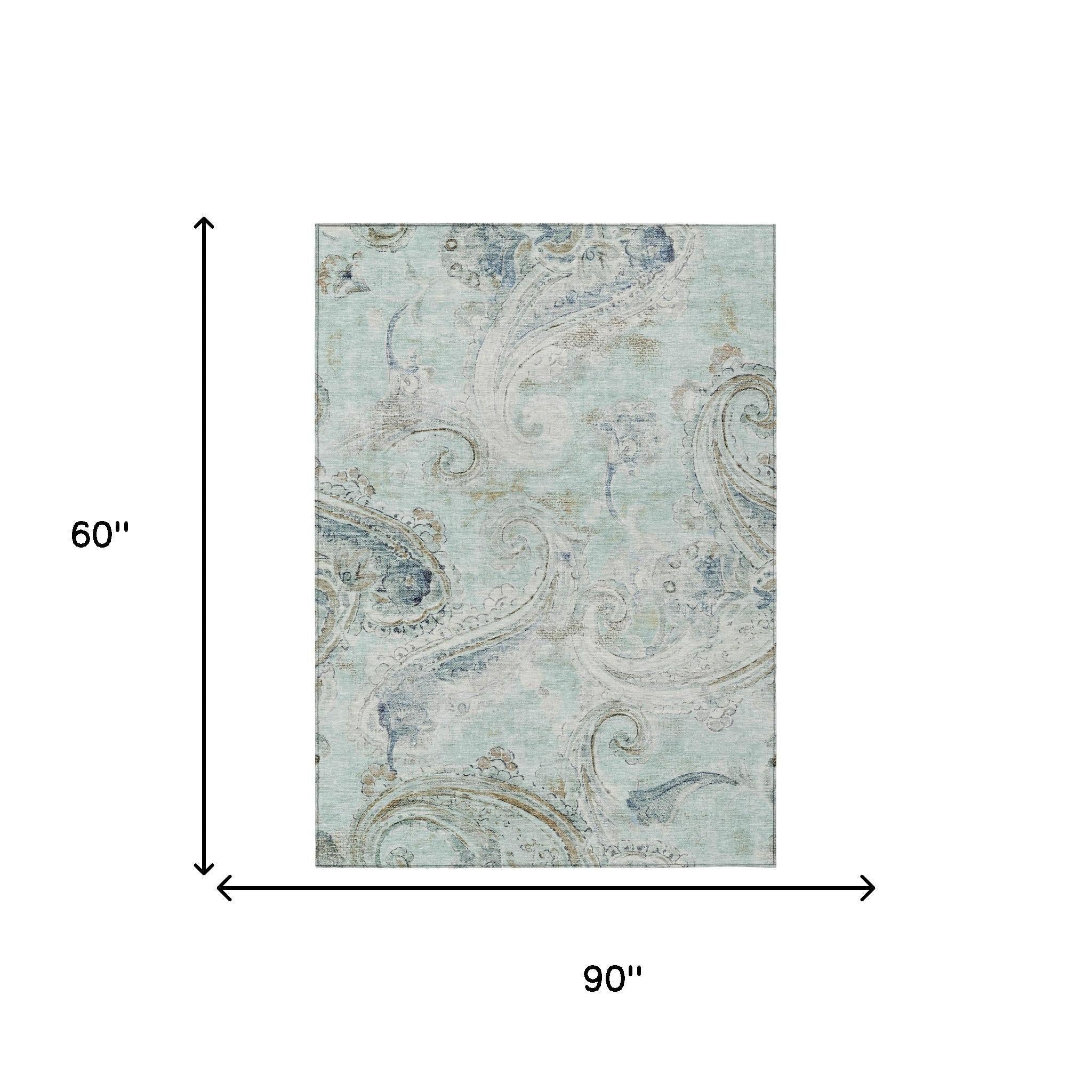 5' X 8' Aqua And Teal Blue Paisley Washable Indoor Outdoor Area Rug Homeroots Outdoor