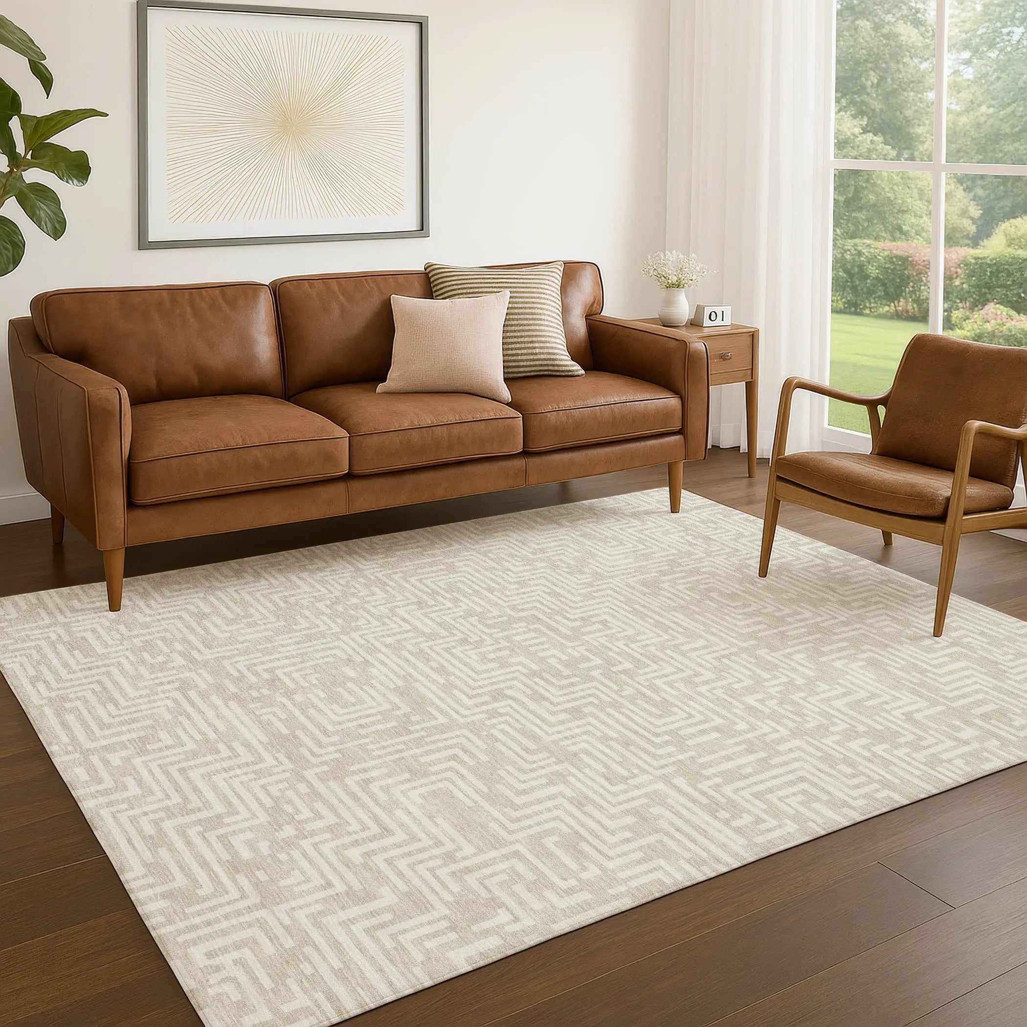 5' X 8' Beige And Blue Geometric Washable Indoor Outdoor Area Rug Homeroots Outdoor