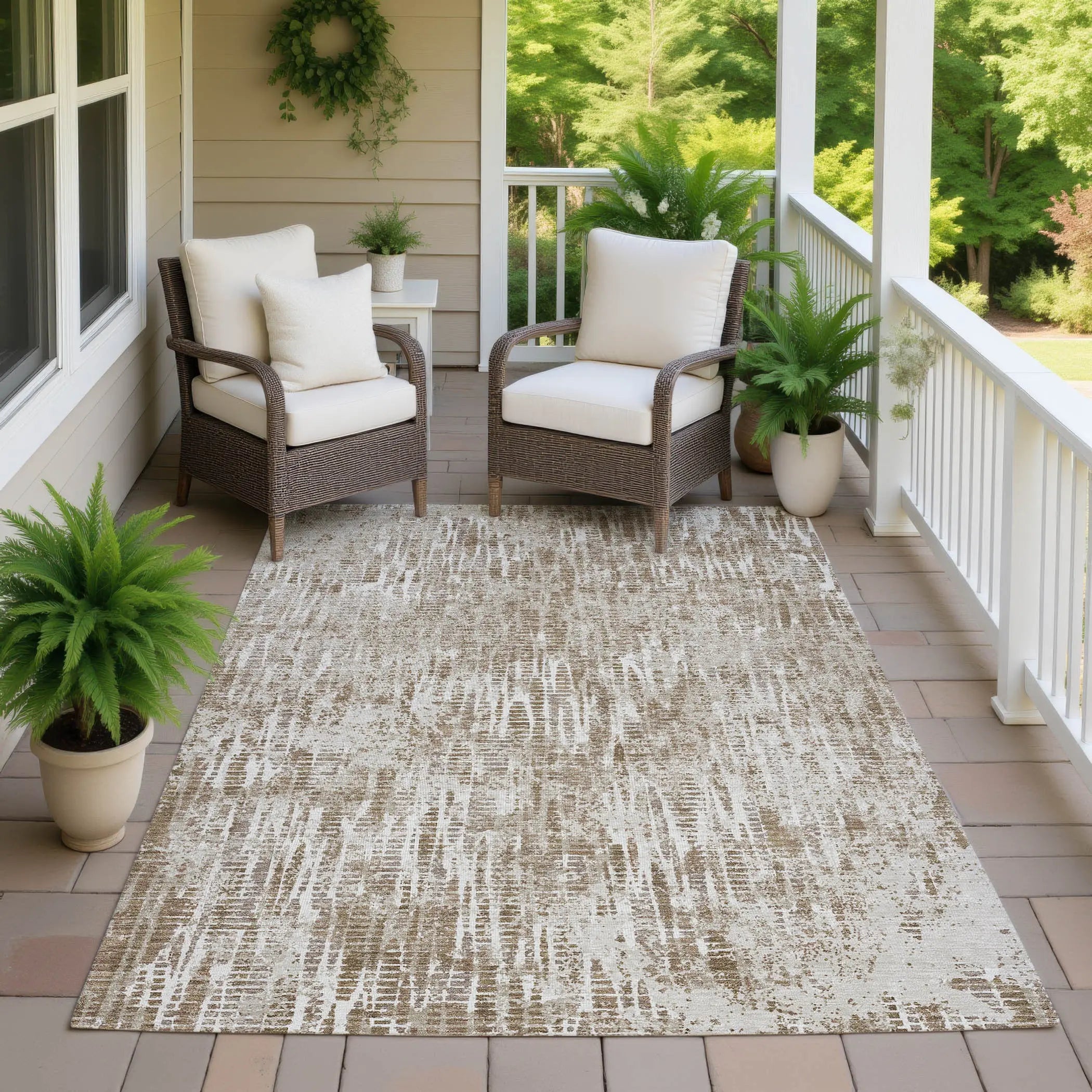 5' X 8' Beige And Brown Abstract Washable Indoor Outdoor Area Rug Homeroots Outdoor