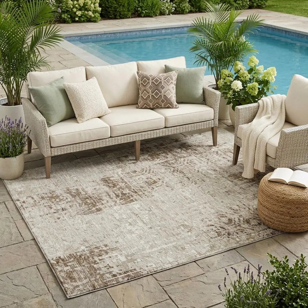 5' X 8' Beige And Brown Abstract Washable Indoor Outdoor Area Rug Homeroots Outdoor