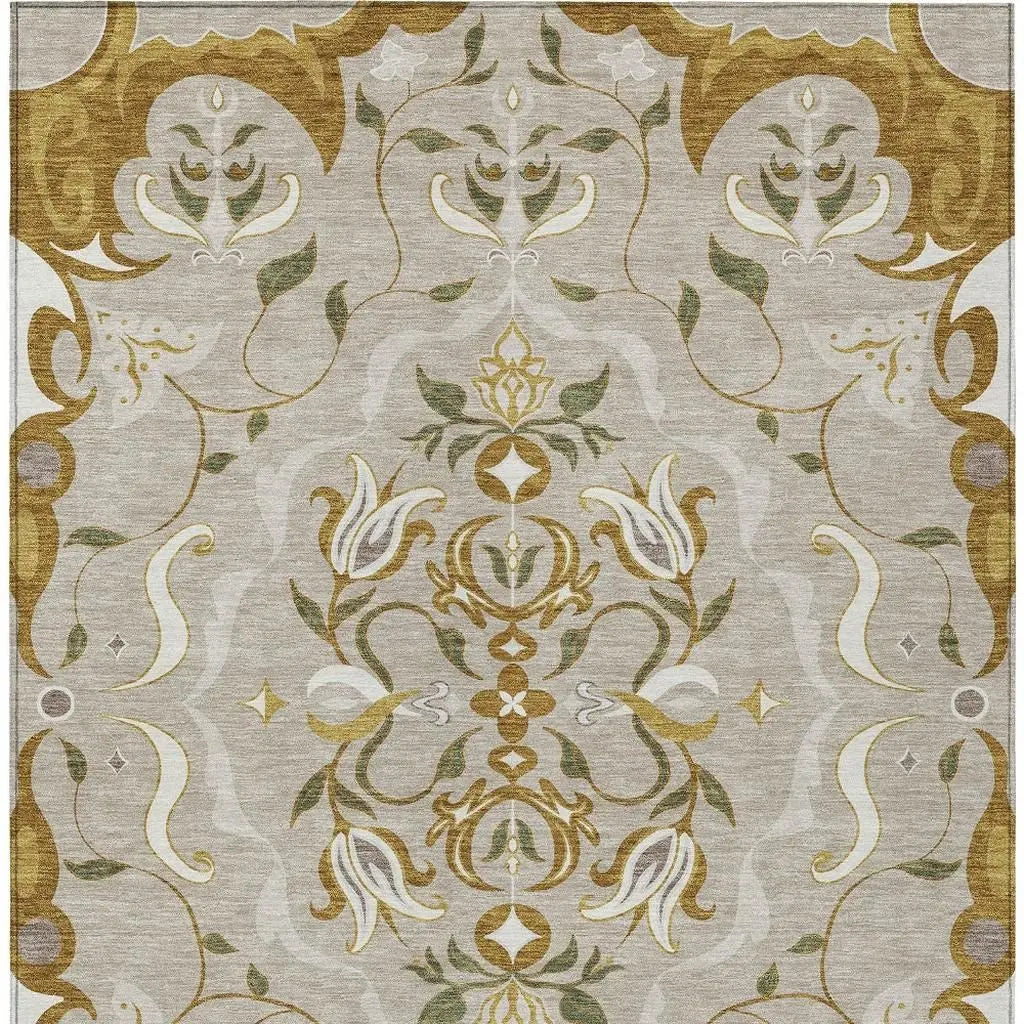 5' X 8' Beige And Brown Damask Washable Indoor Outdoor Area Rug Homeroots Outdoor