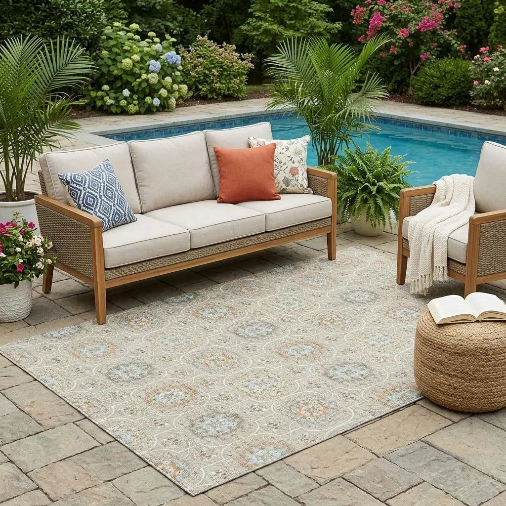 5' X 8' Beige And Brown Floral Medallion Washable Indoor Outdoor Area Rug Homeroots Outdoor