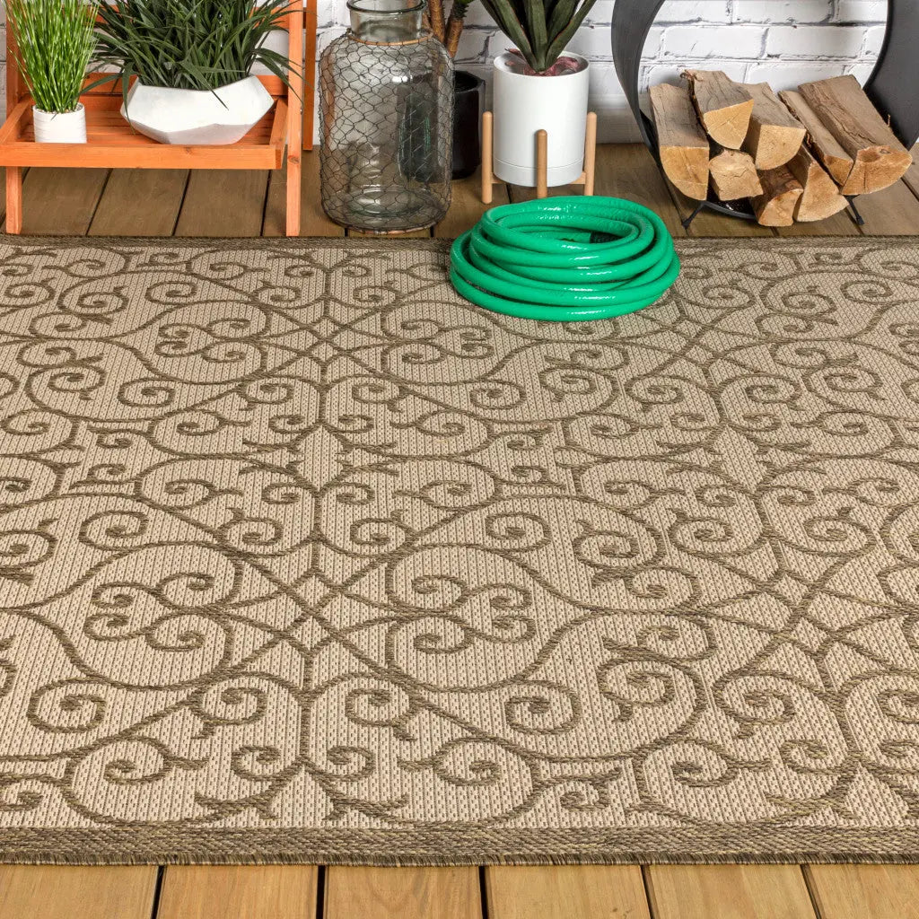 5' X 8' Beige And Brown Geometric Indoor Outdoor Area Rug Homeroots Outdoor