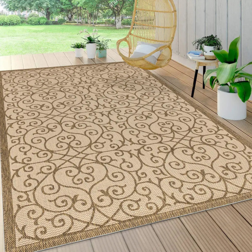 5' X 8' Beige And Brown Geometric Indoor Outdoor Area Rug Homeroots Outdoor
