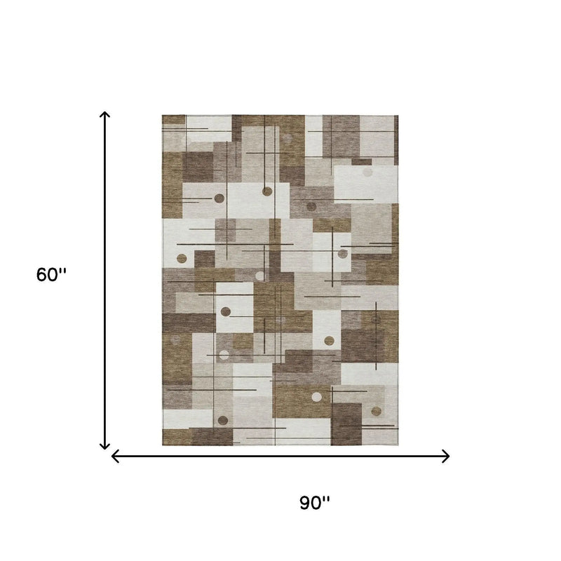 5' X 8' Beige And Brown Geometric Washable Indoor Outdoor Area Rug Homeroots Outdoor