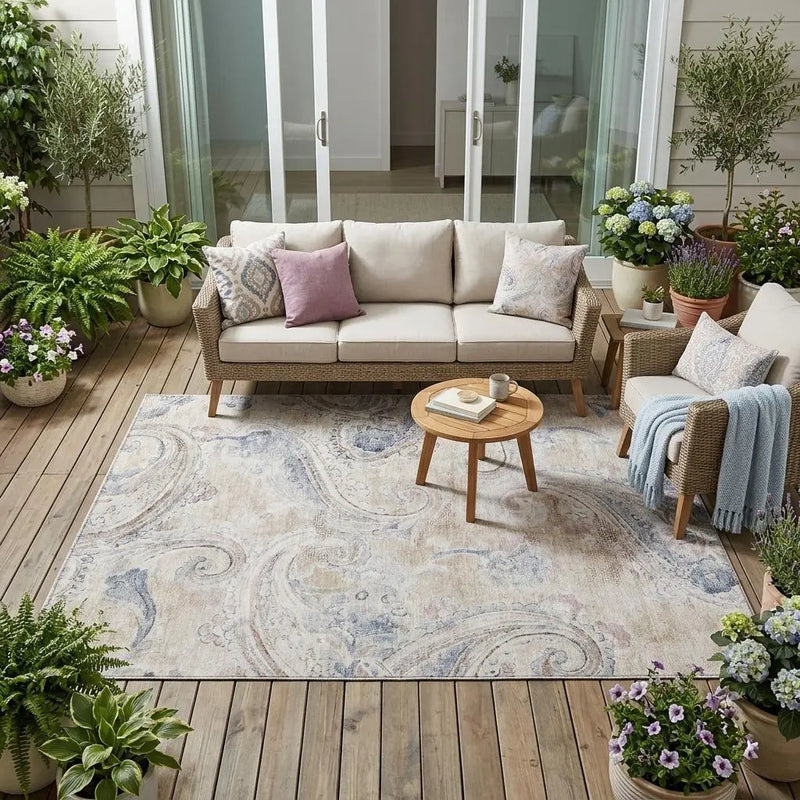 5' X 8' Beige And Brown Paisley Washable Indoor Outdoor Area Rug Homeroots Outdoor