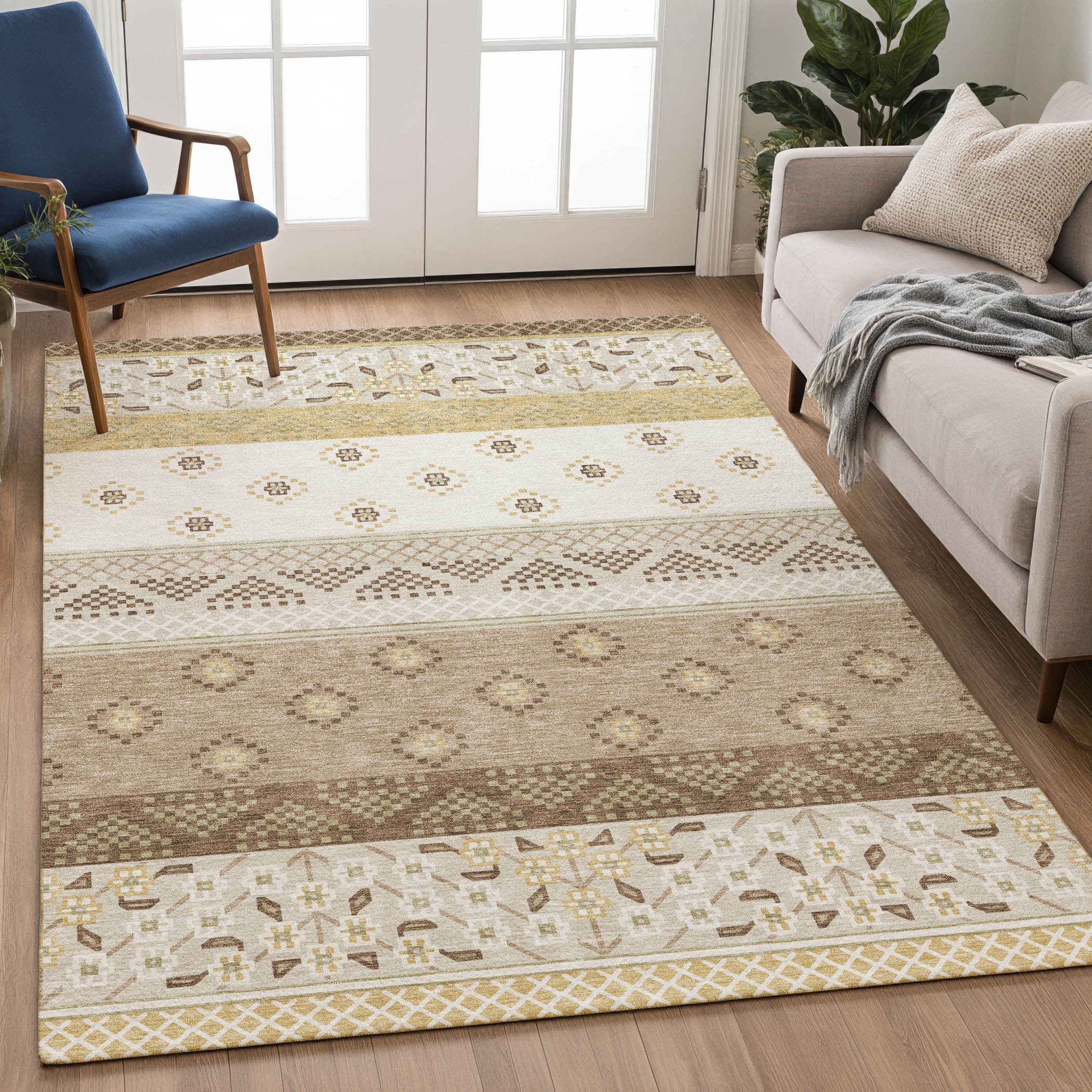 5' X 8' Beige And Brown Striped Washable Indoor Outdoor Area Rug Homeroots Outdoor