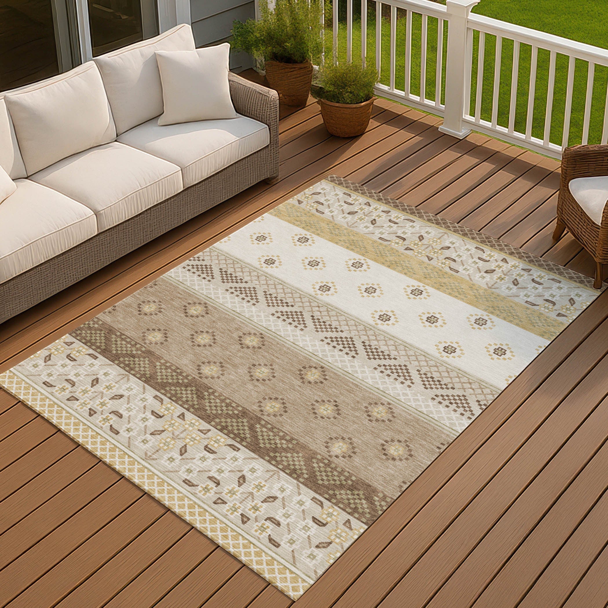 5' X 8' Beige And Brown Striped Washable Indoor Outdoor Area Rug Homeroots Outdoor