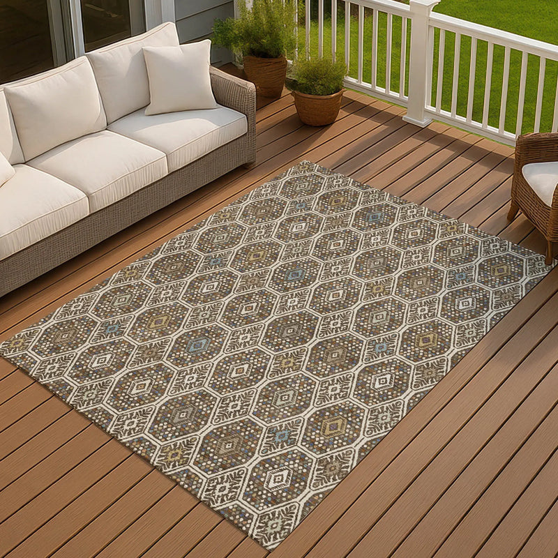 5' X 8' Beige And Chocolate Geometric Washable Indoor Outdoor Area Rug Homeroots Outdoor