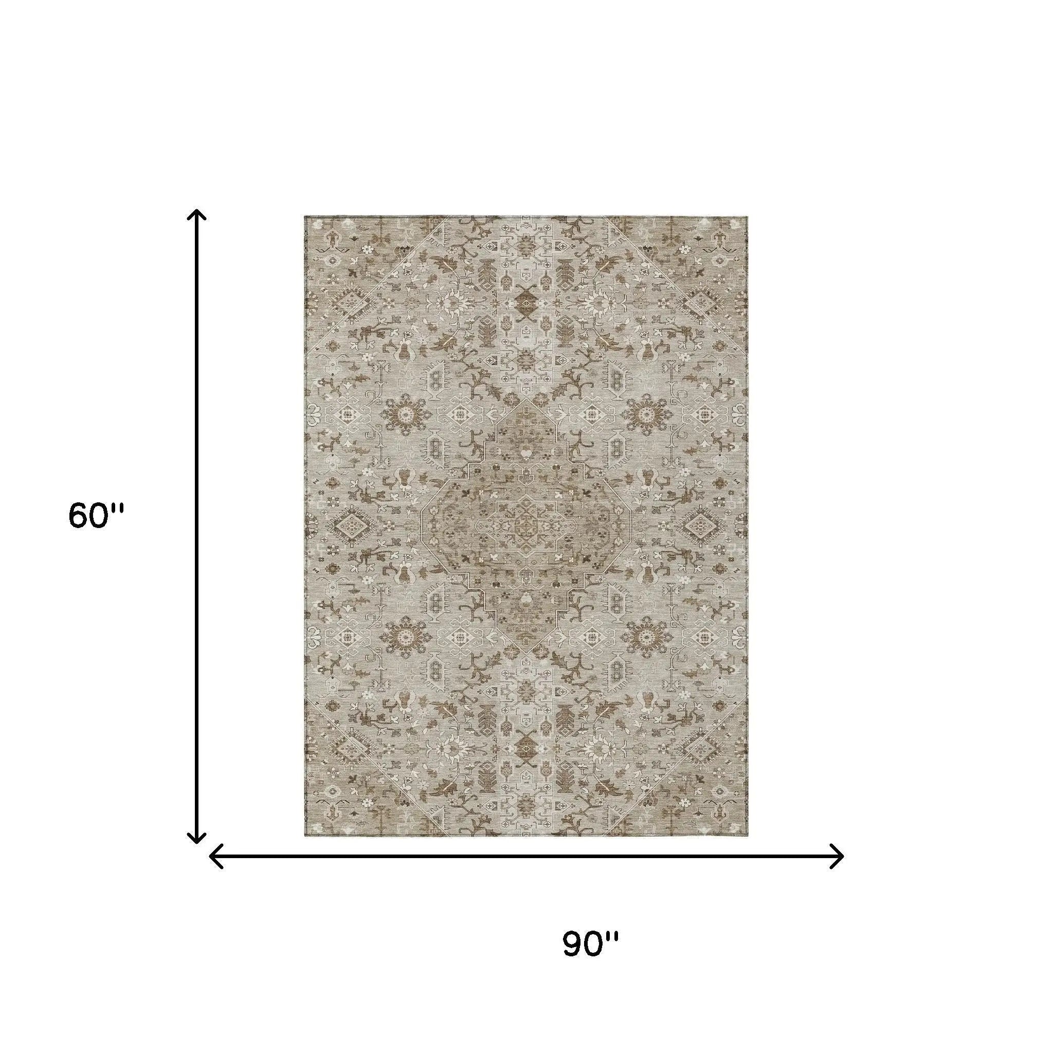 5' X 8' Beige And Graphite Medallion Washable Indoor Outdoor Area Rug Homeroots Outdoor