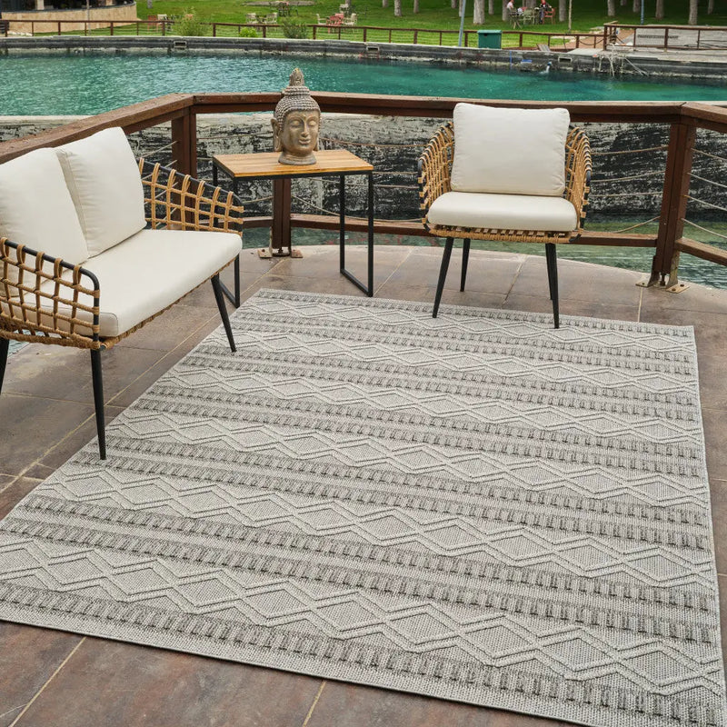 5' X 8' Beige And Gray Striped Distressed Indoor Outdoor Area Rug - GreatEagleInc