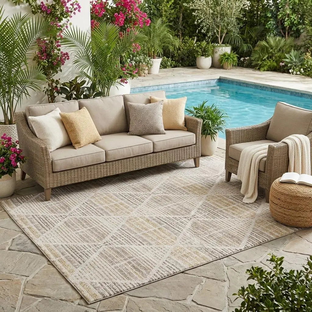 5' X 8' Beige And Ivory Geometric Washable Indoor Outdoor Area Rug Homeroots Outdoor