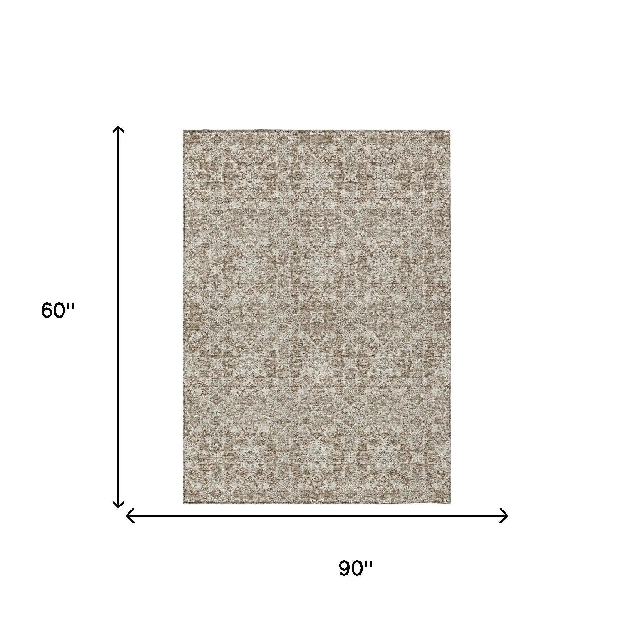 5' X 8' Beige And Khaki Oriental Washable Indoor Outdoor Area Rug Homeroots Outdoor
