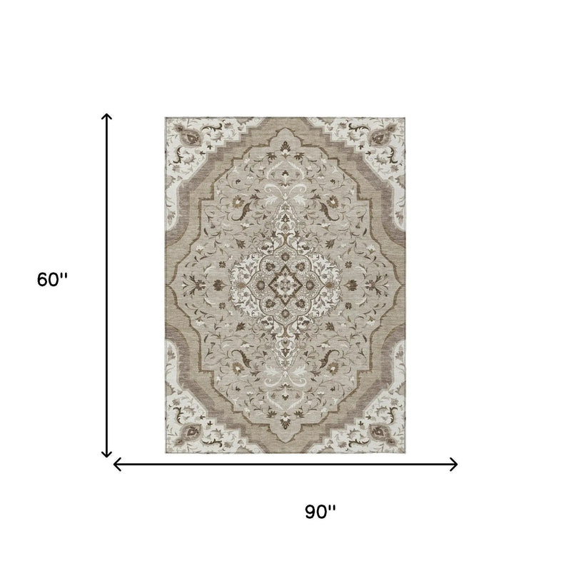 5' X 8' Beige And Taupe Medallion Washable Indoor Outdoor Area Rug Homeroots Outdoor