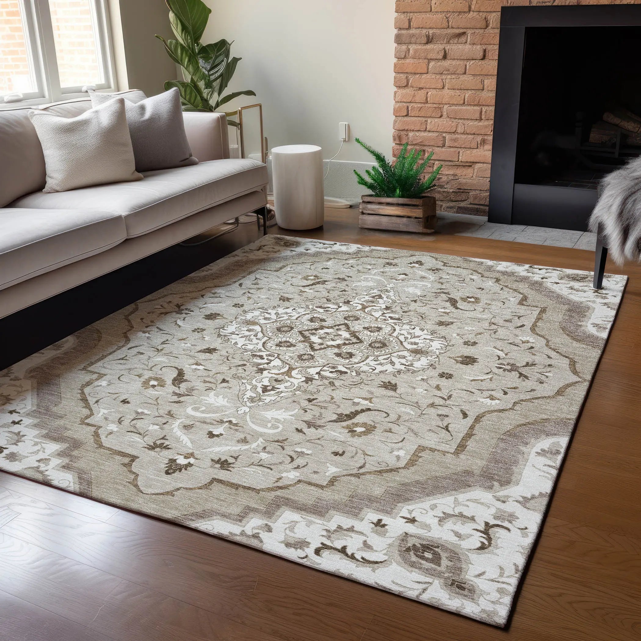 5' X 8' Beige And Taupe Medallion Washable Indoor Outdoor Area Rug Homeroots Outdoor