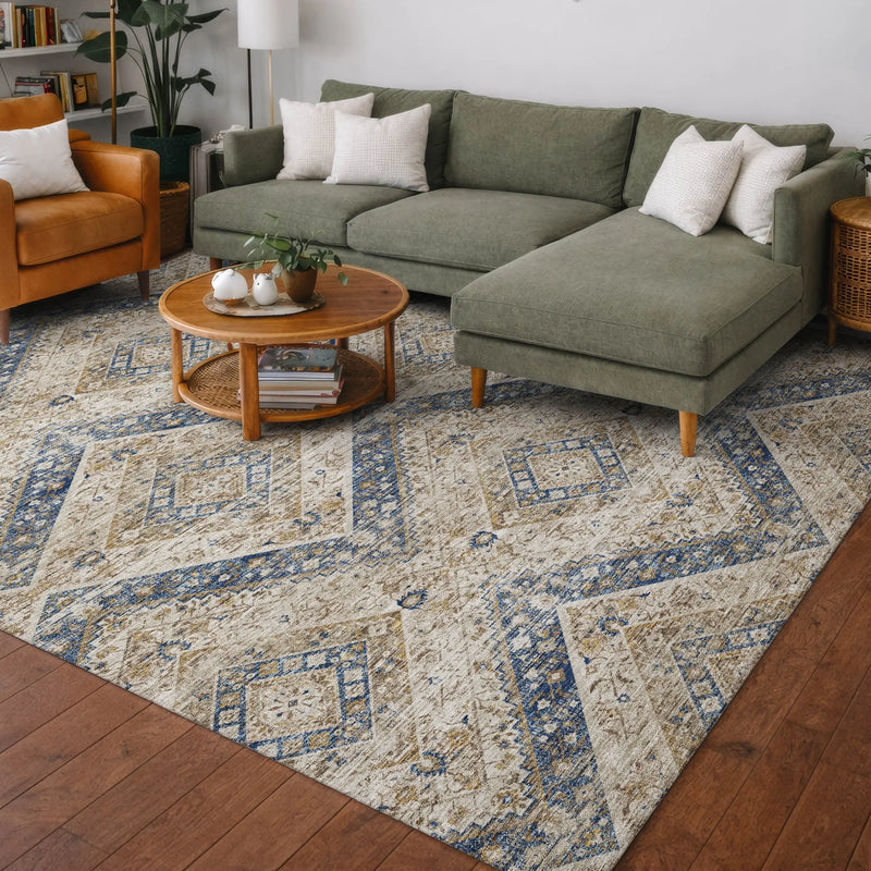 5' X 8' Beige And Teal Blue Tribal Washable Indoor Outdoor Area Rug Homeroots Outdoor