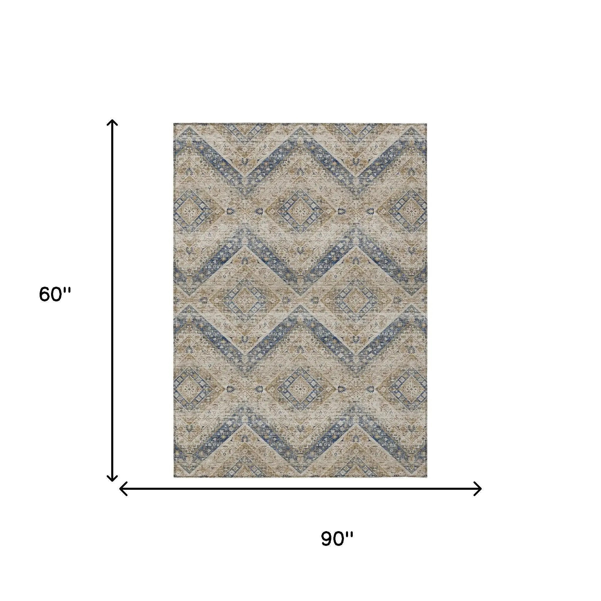 5' X 8' Beige And Teal Blue Tribal Washable Indoor Outdoor Area Rug Homeroots Outdoor