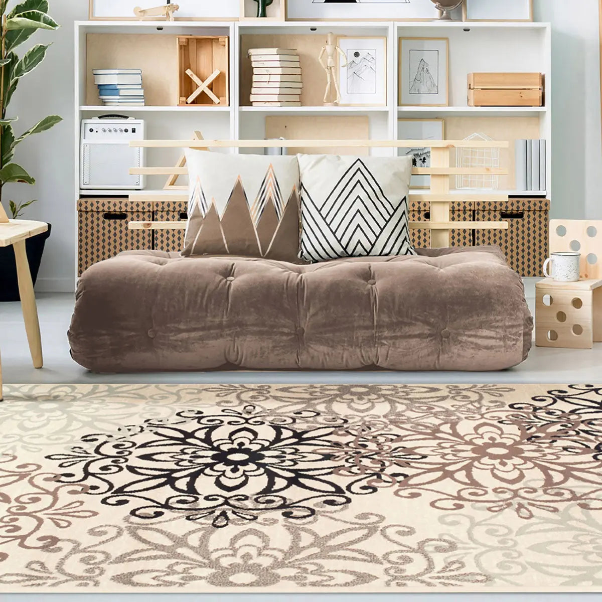 5' X 8' Beige Black And Brown Floral Medallion Area Rug Homeroots Home Decor