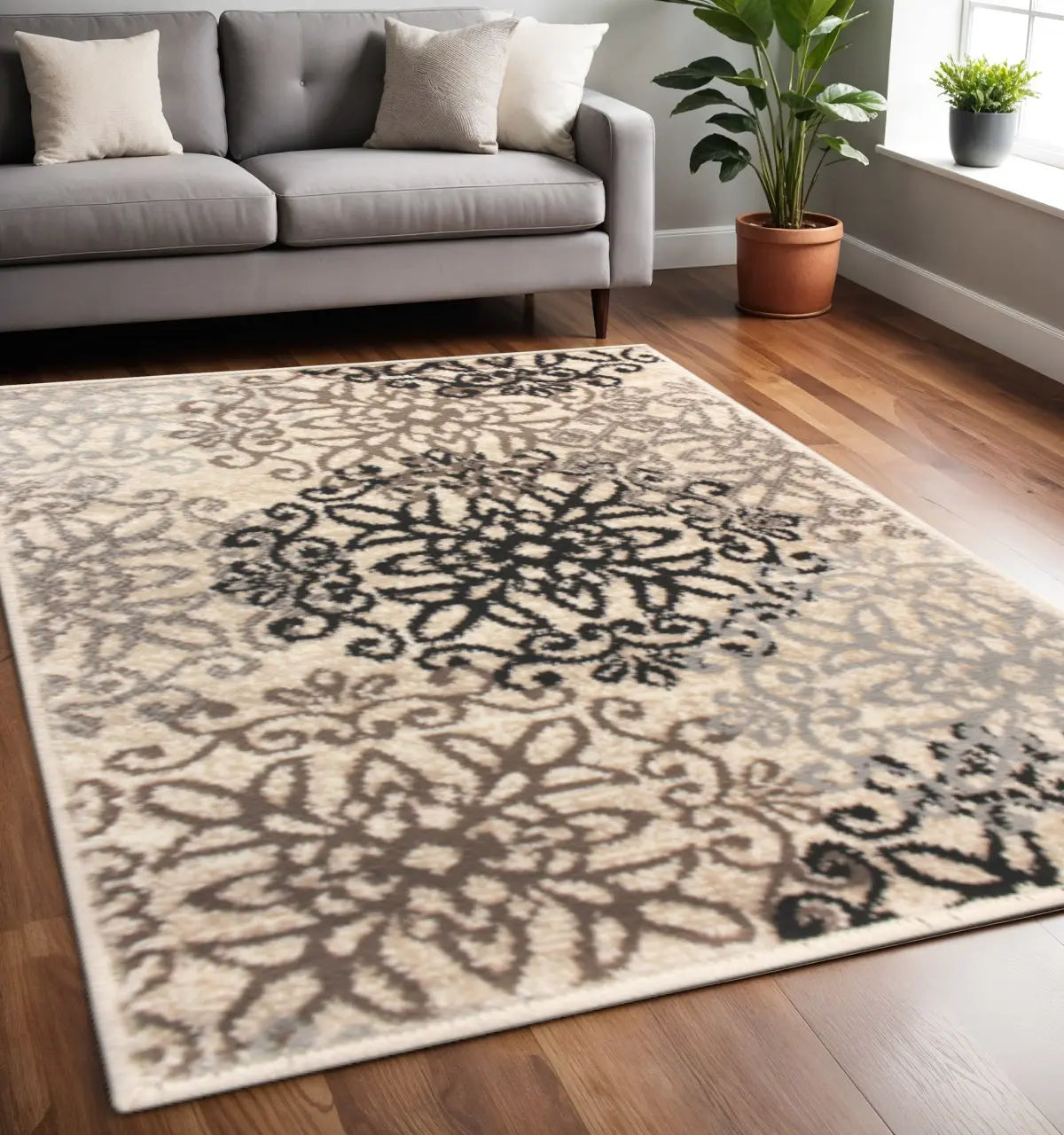 5' X 8' Beige Black And Brown Floral Medallion Area Rug Homeroots Home Decor